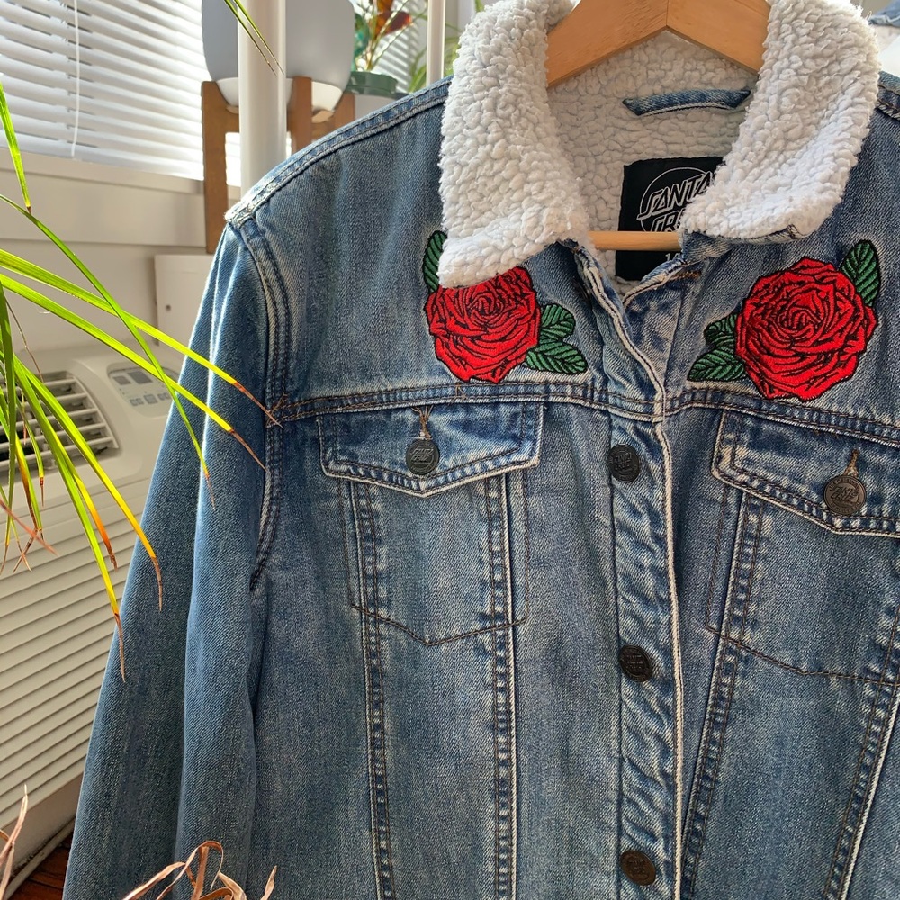 🌹Santa Cruz Sherpa Denim Jacket With Rose 🌹